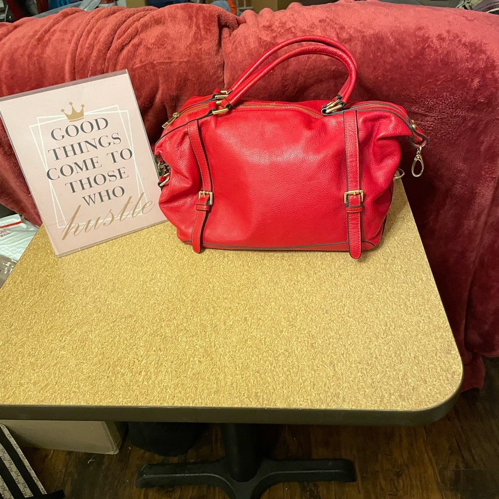 Ora Delphine Classic Red Pebbled Satchel Handbag with Top Handles